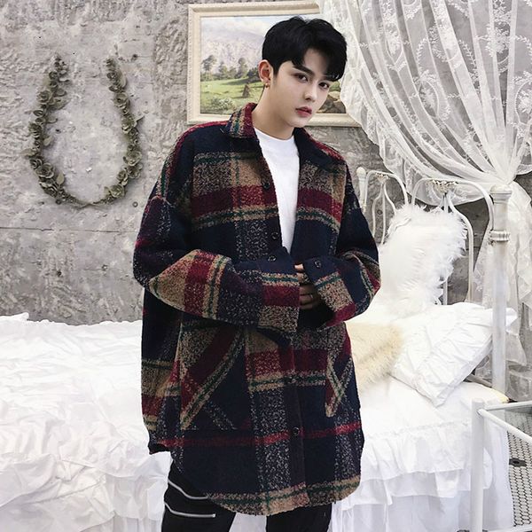 

men wool shirt coat high streetwear fashion hip hop casual loose plaid shirt jacket outerwear male fashion woolen coat, Black;brown