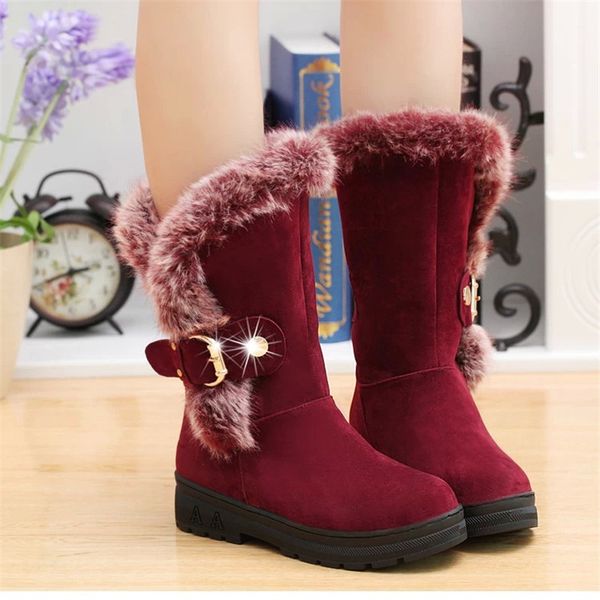 

prowow winter shoes women solid wine red soft furry buckle platform thick plush warm waterproof high snow boots, Black