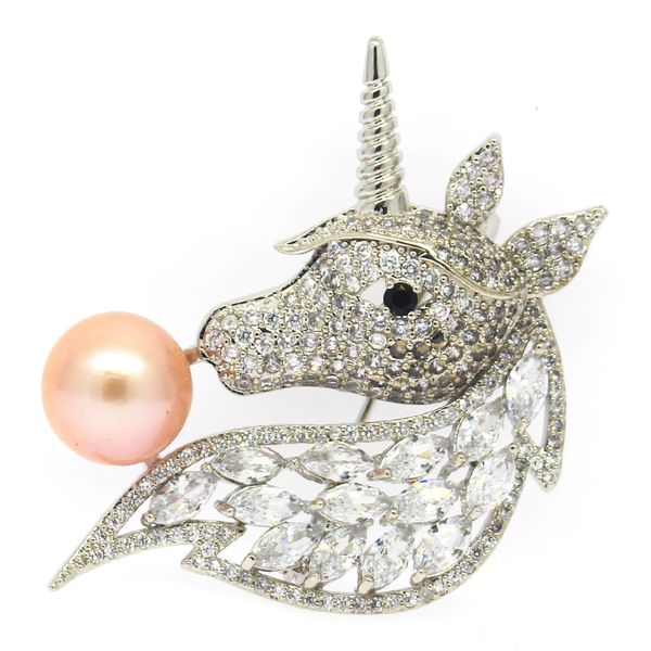 

cute freshwater pearl unicorn brooch luxury personality diamond brooch female accessory silk scarf buckle birthday gift, Gray