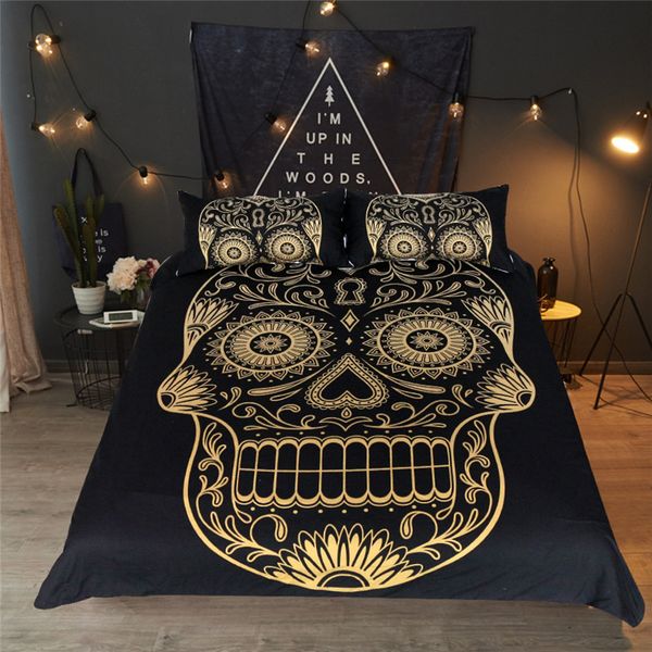 Sugar Skull Bedding Set Golden Gothic Duvet Cover Pillowcases Twin