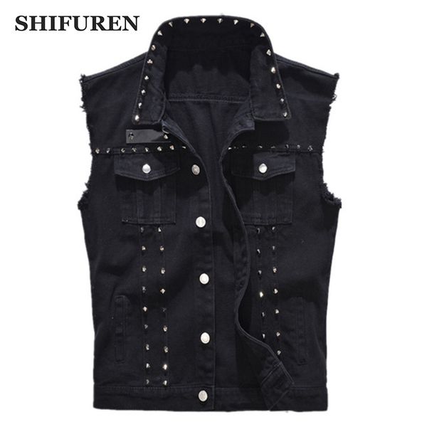 

shifuren denim vest men's punk rock style rivet cowboy black jeans waistcoat raw edge male motorcycle jacket sleeveless tanks, Black;white