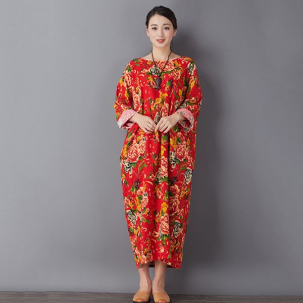 

women long sleeve retro cotton and linen dress, Black;gray