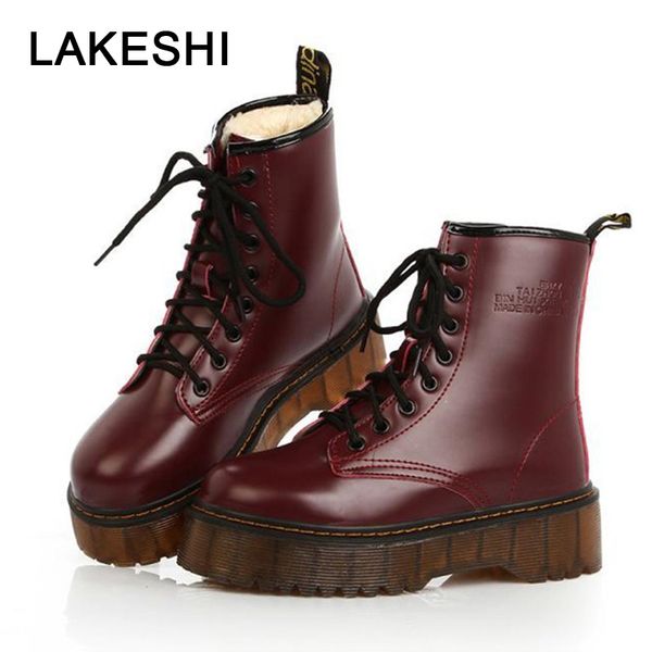 

lakeshi women shoes punk ankle boots women pu leather martin boots autumn winter platform martin female plush, Black