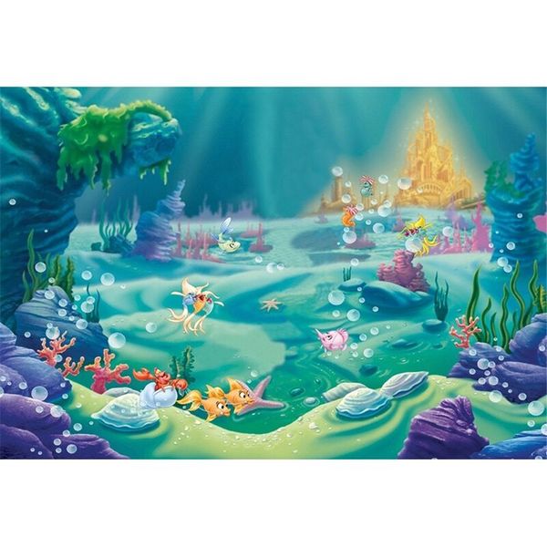 

Little Mermaid Birthday Party Photo Booth Backdrop Fishes Bubbles Gold Castle Under the Sea Princess Baby Girl Photography Studio Background