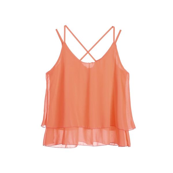 

new style women's summer sleeveless casual chiffon solid vest strappy ladies back cross tank loose ruffles camis, White
