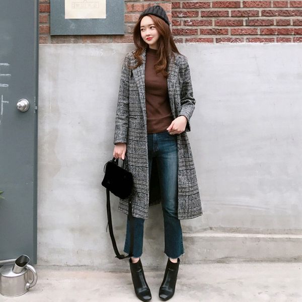 

2018 autumn winter women long woolen coat new fashion turn-down collar wool plaid coats female vintage slim outerwear, Black