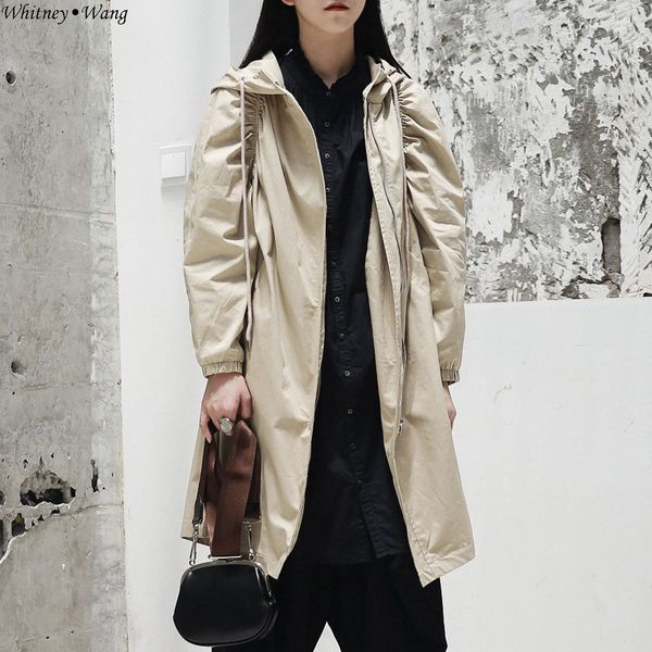 

whitney wang 2018 autumn fashion streetwear ruched sleeve hooded trench coat women outwear coat ww-2068, Tan;black