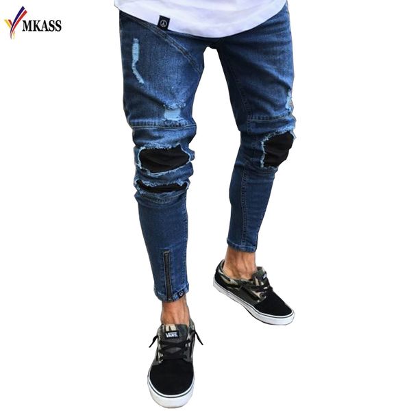 

new spring men jeans runway slim racer biker jeans fashion hiphop skinny for men, Blue