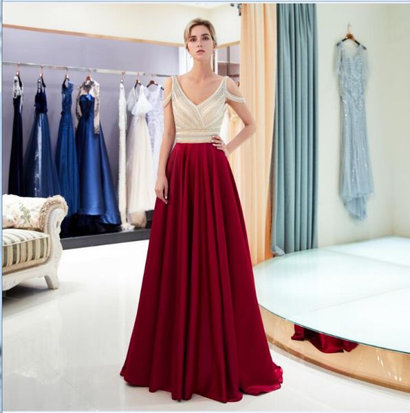 

2018 new crystal v-neck long prom party dresses off shoulder robe de soiree tulle sleeveless evening formal gown elegant party gown 58706, Black