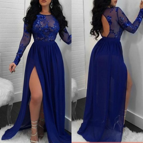 

royal blue see through sexy prom dresses 2018 аппликации блестки с открытой спиной длинные рукава коктейльное платье шифон сторона сплит веч, Black