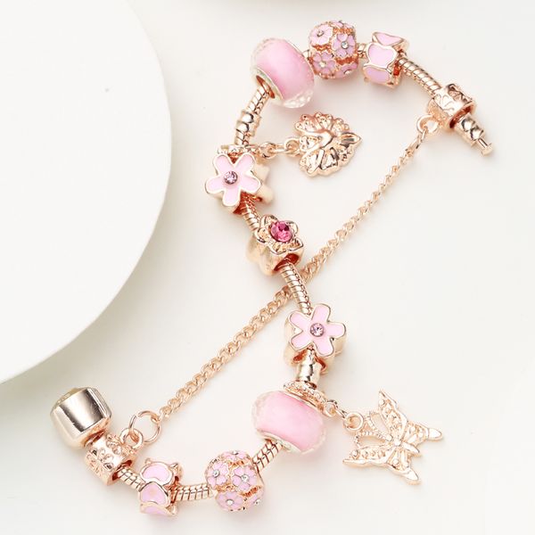 

chieloys diy pink glass beads charm bracelet & bangles for women rose gold colour snake chain bracelets jewelry pulseras, Golden;silver