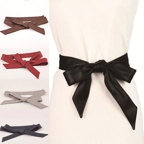 

soft pu leather solid color wide corset cummerbunds strap belts for women girls ties bow dress belt cinturon mujer, Black;brown