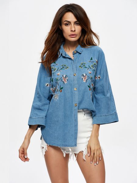 

2018 новый стиль светло-голубой вышитый ковбойская рубашка блузка закрытый рукав джинсовой ткани с вышивкой мода рубашка блузка, White