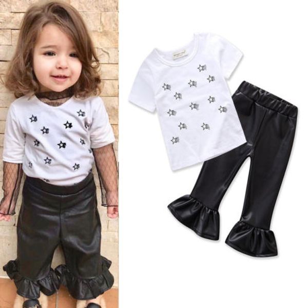 

2018 princess kids baby girls white t shirt+pu leather pants outfits set clothes