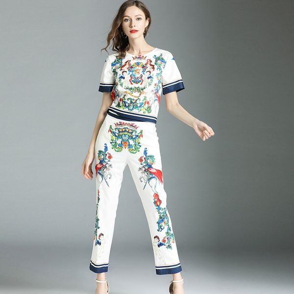 

summer fashion designers women's pants two piece clothing set ladies casual outfits short sleeve print pants suit sets, White