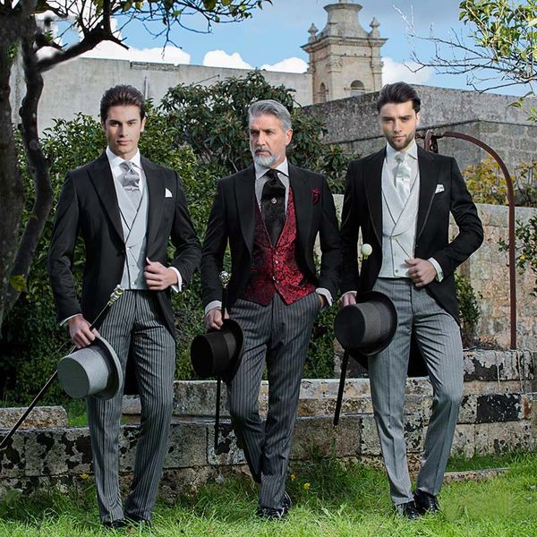 

gentleman black men suits designers 2018 peaked lapel man tailcoat vertical stripe pants party street wedding elegant male vest, White;black