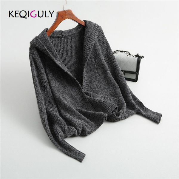 

2018 autumn winter women's wool blends knitted cardigan hooded sweater elegant solid casual sweater coat p2254, White;black