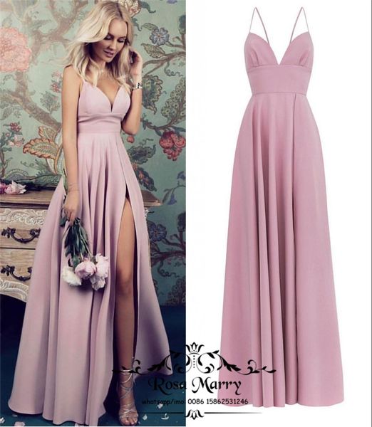 

Blush Pink Plus Size Cheap Bridesmaids Dresses 2018 A Line Long Satin High Split Simple Country Beach Maid of Honors Wedding Guest Gowns
