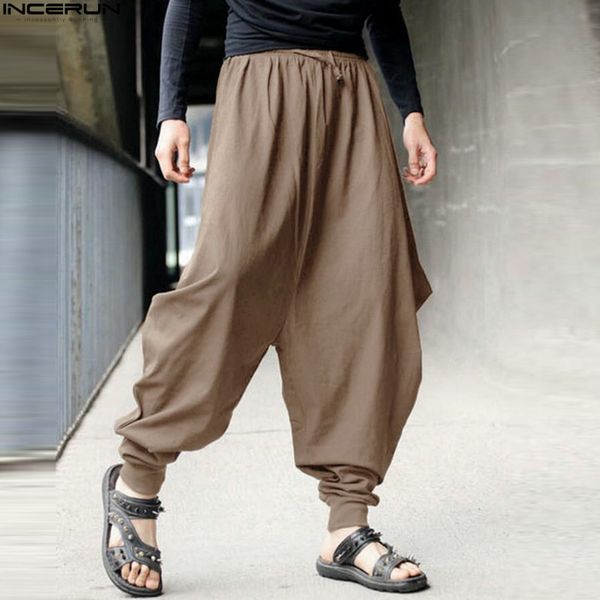 

men women japanese samurai style boho casual low drop crotch loose fit harem baggy hakama capri cropped linen pants trousers 5xl, Black