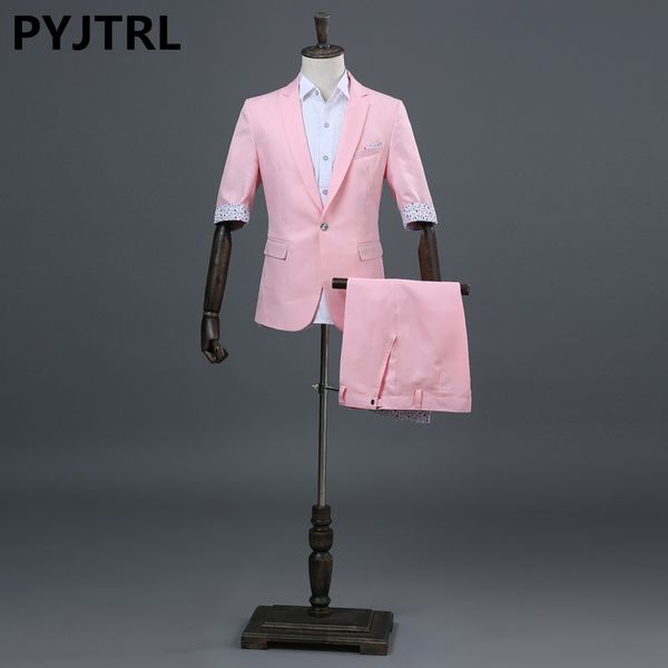 

pyjtrl men's fashion summer half sleeve pink sky blue green wedding suits with shorts stage singer youth men tide costume homme, White;black