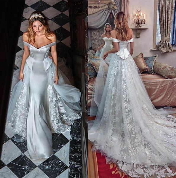 

2018 ivory off shoulder lace mermaid wedding dresses with double corset detachable skirt hand-crafted flower bridal gowns custom made, White