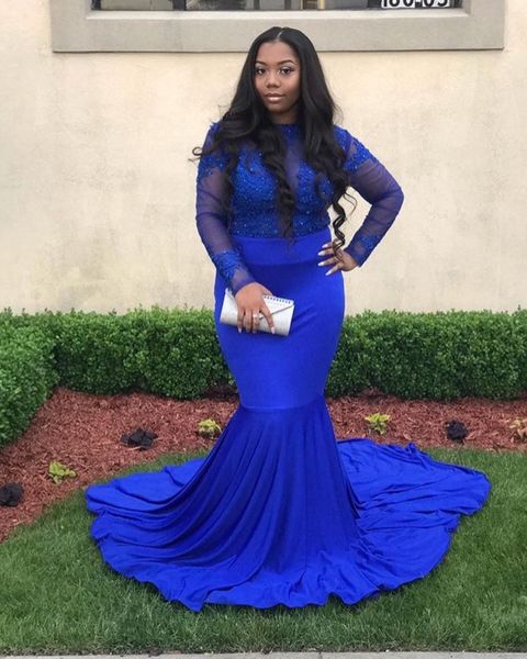 

2021 plus size mermaid black girl prom dresses long sleeves lace formal evening gowns royal blue prom dresses