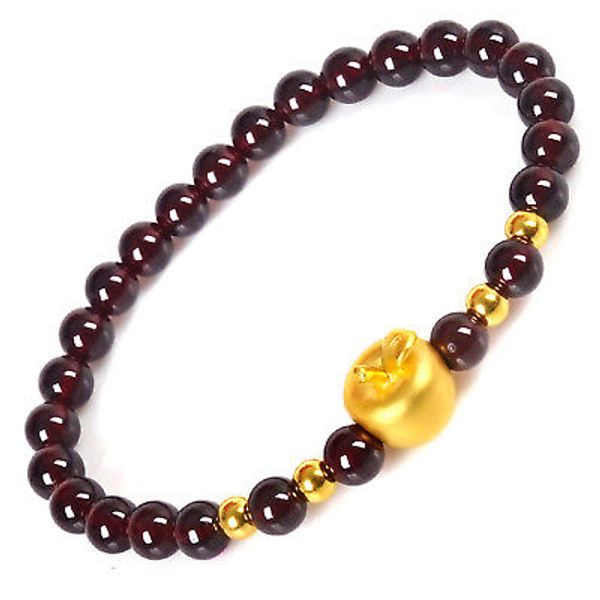 

new pure 999 24k yellow gold red garnet women 3d apple bead bracelet, Golden;silver