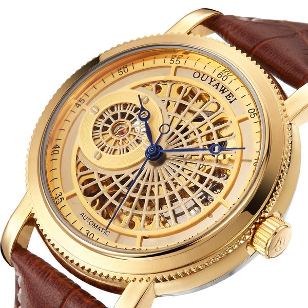 

men watch automatic mechanical watch leather watches clock men relojes masculino ouyawei brand clock, Slivery;brown
