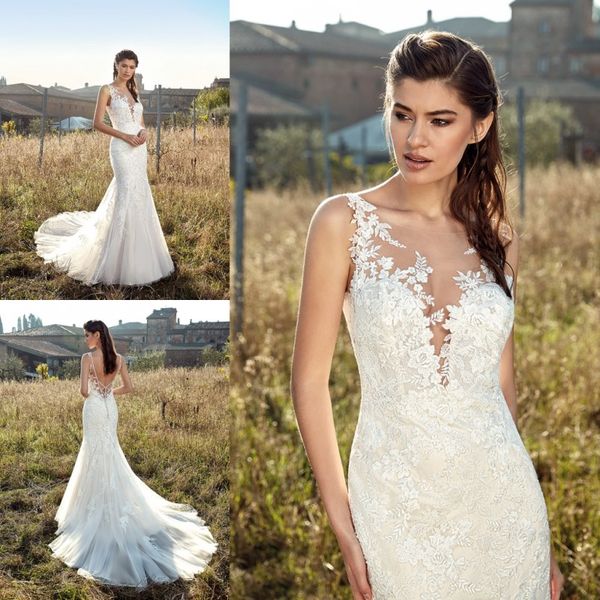 

eddy k 2020 свадебные платья sheer jewel кружева аппликации свадебные платья sexy backless sweep поезд русалка свадебное платье robe de mari, White