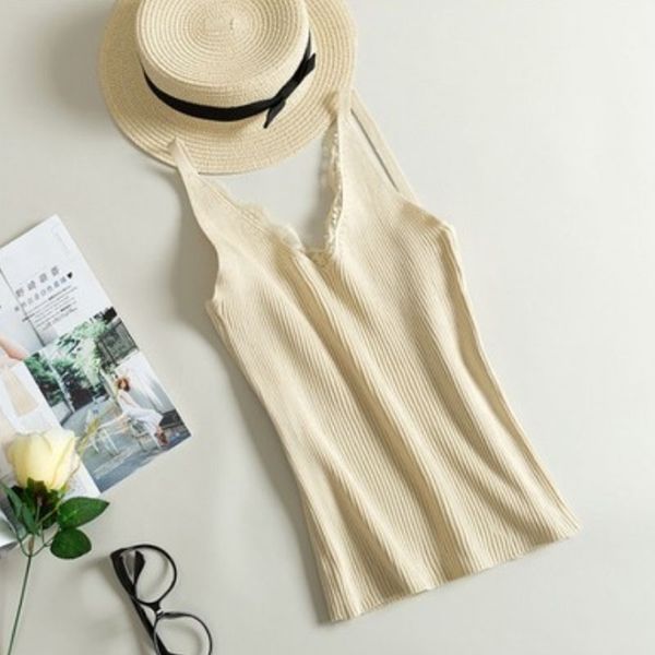 

2018 new arrival new size vest women fashion fitness v neck 1 pc knitted lace korean solid summer tank lace, White