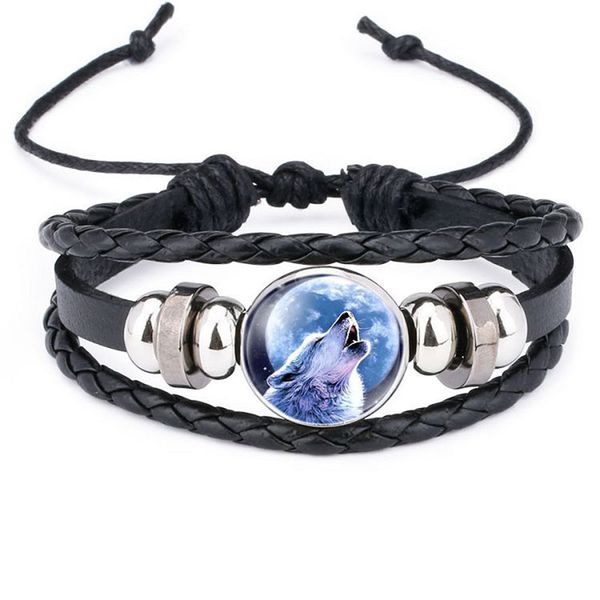 

retro style leather jewelry with glass cabochon moon wolf pattern beaded charm wrap bracelet bangles for men women gift, Golden;silver