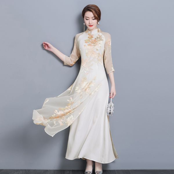 

summer dress women long improved cheongsam vietnam traditional dresses robes aodai graceful stand collar dress slim qipao ao dai, Red