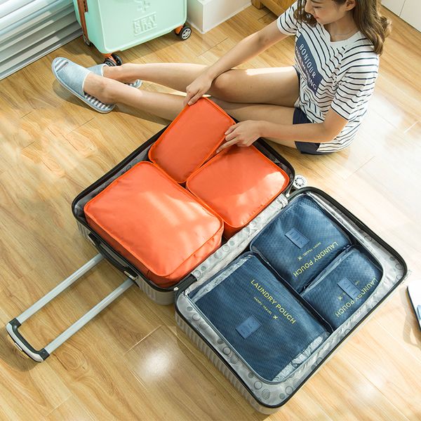 

6PCS/Set Fashion High Quality Double Zipper Waterproof Polyester Women Travel Bag Luggage Organizer Packing bag Cube Travel