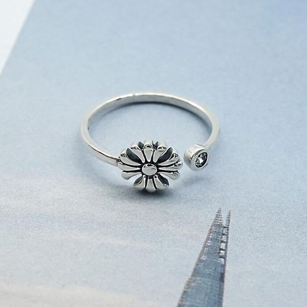 

retro thai real 925 sterling silver korean flower zircon opening thin ring for women teen girls, Golden;silver