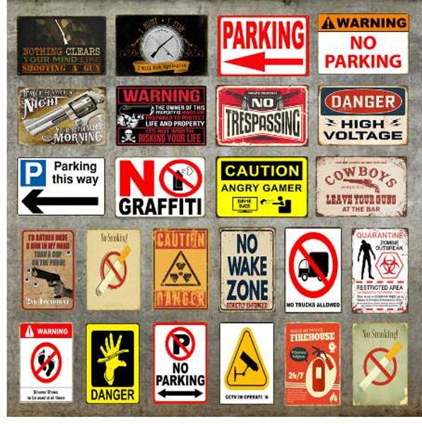 Avvertimento Divieto di parcheggio Segni in metallo Poster in latta Attenzione Pericolo Vietato fumare Arte della parete Pittura Tabellone pubblicitario Decorazioni per la casa vintage YD019