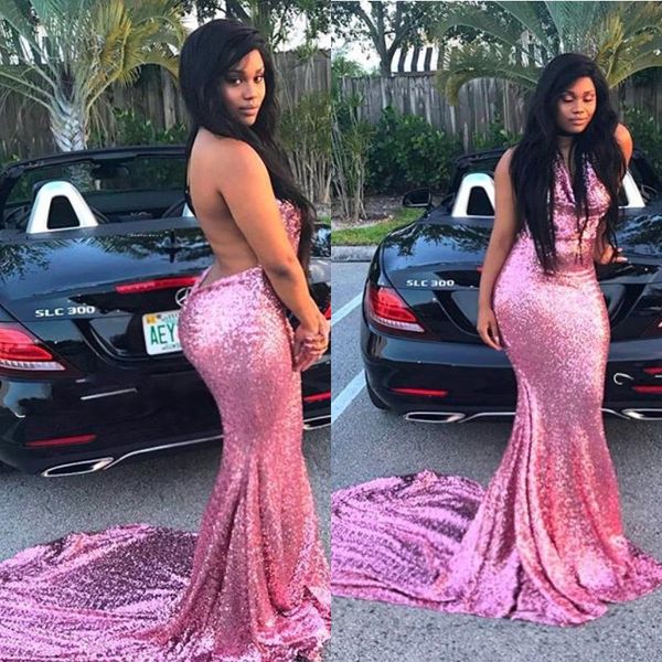 

african black girl 2k18 prom dresses sparkly plus size sequind mermaid prom party gowns backless halter neck celebrity evening dress
