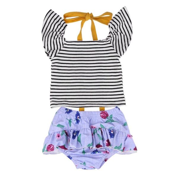 

2pcs summer newborn baby girls clothes stripe floral ruffle shorts briefs 2pcs outfits toddler kids clothing sets 0-24m, White
