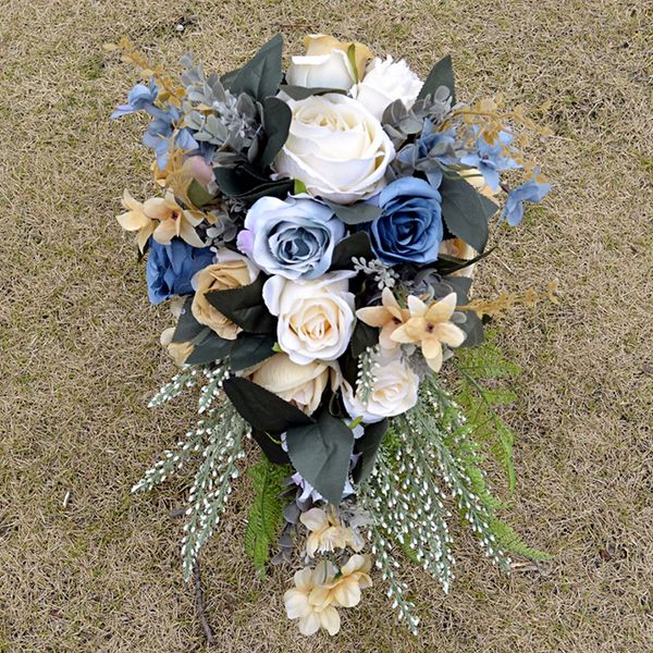 

2018 new blue bridal bouquet with white roses nature initial charm silk wedding flowers for bridal party matrimonio