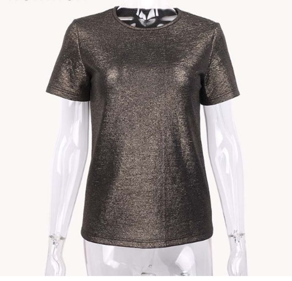 

o-neck new summer shiny lurex women basic t-shirt casual o-neck tee shirt woman solid cotton t shirt short sleeve elastic, White