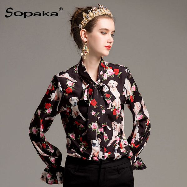 

2018 spring design shirt black animal floral dog print plus size xxl xxxl bow collar womens and blouses, White