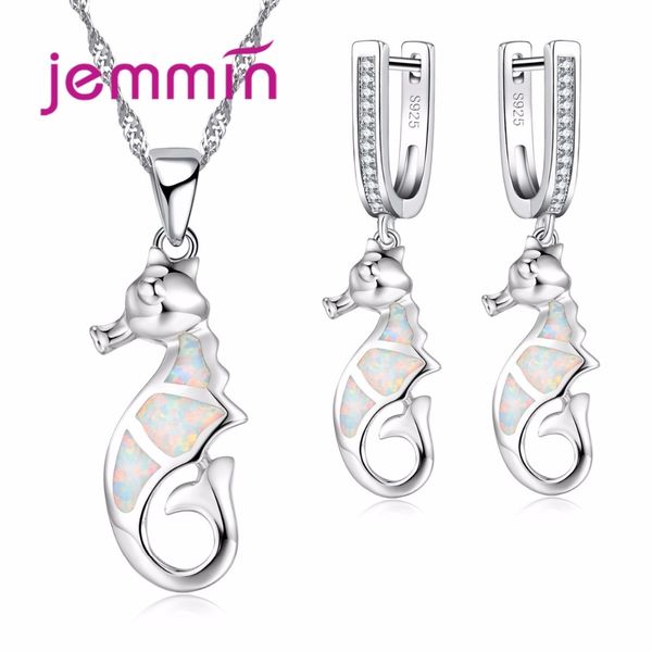 

jemmin trendy fine 925 sterling silver party jewelry sets for women accessory white fire opal pendant necklace and earrings set, Black