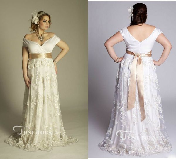 

modest plus size wedding dresses off the shoulder lace appliqued sash sweep train country bridal gowns beach wedding dress custom made, White