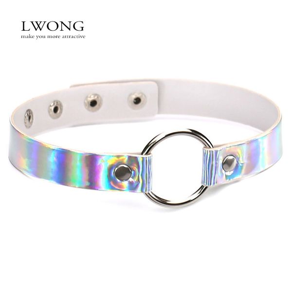 

whole salelwong new punk style holographic choker necklace for women pu leather choker with o-circle rainbow iridescent hologram chokers, Golden;silver