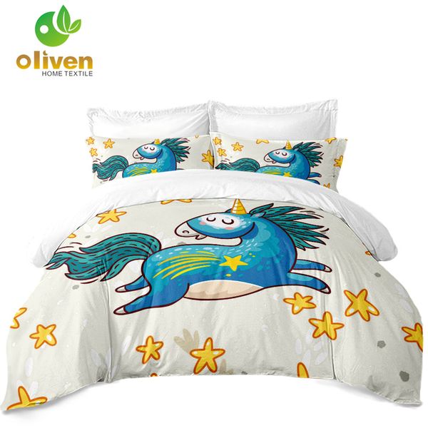Cartoon Bedding Set Blue Unicorn Starfish Duvet Cover Cute Kids