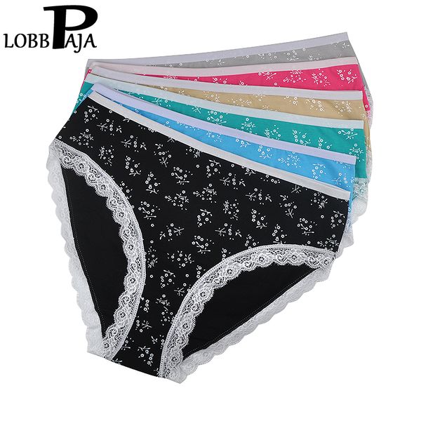 

lobbpaja lot 6 pcs underwear women cotton mid waist plus size floral lace bikini panties briefs ladies lingerie women lp220, Black;pink