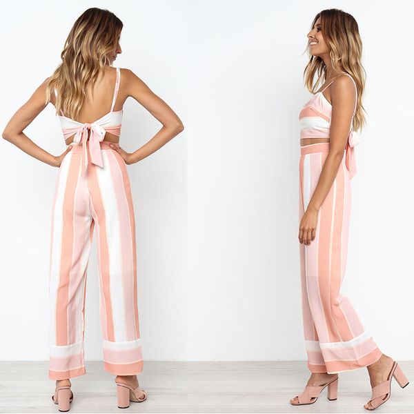 

2018 new women back bow striped bodysuit bandage romper summer ladies beach jumpsuit playsuit suit sun-pants, Black;white