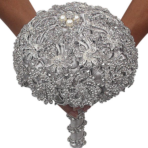 

luxury crystal pearls wedding flowers bridal silver bouquet brooch bride flowers favors hand holding decoration handmade253u
