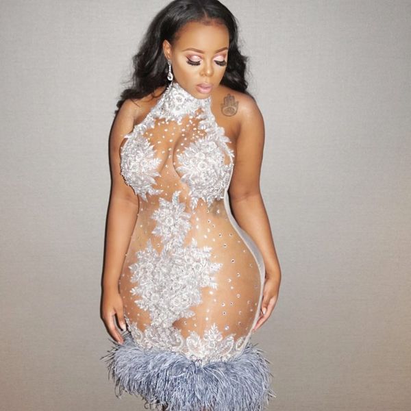 

silver nude plus size prom dresses high neck appliques beading tulle satin feather short evening dresses illusion mermaid party dresses, Black