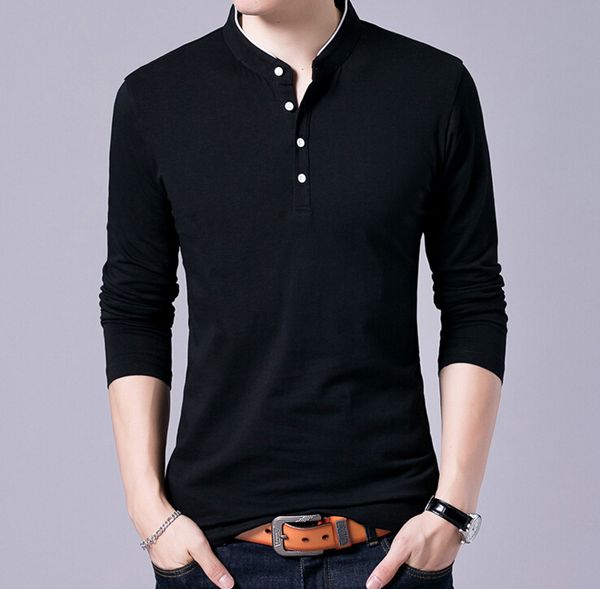 

t-shirt shirt spring collar new men t autumn cotton color mandarin solid long sleeve men tee oupnq, Black