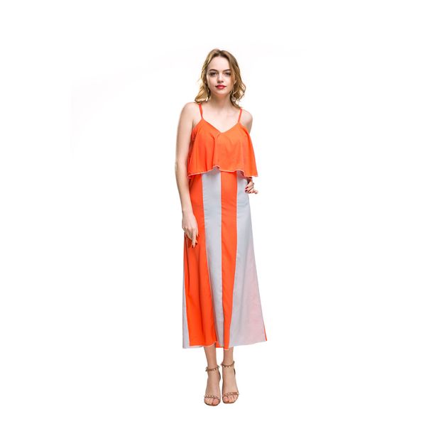 

Fashion Chiffon Casual Dresses Orange Blue Sleeveless Deep V Neck Loose Long Dress Women Summer Maxi Beach Dresses S-2XL
